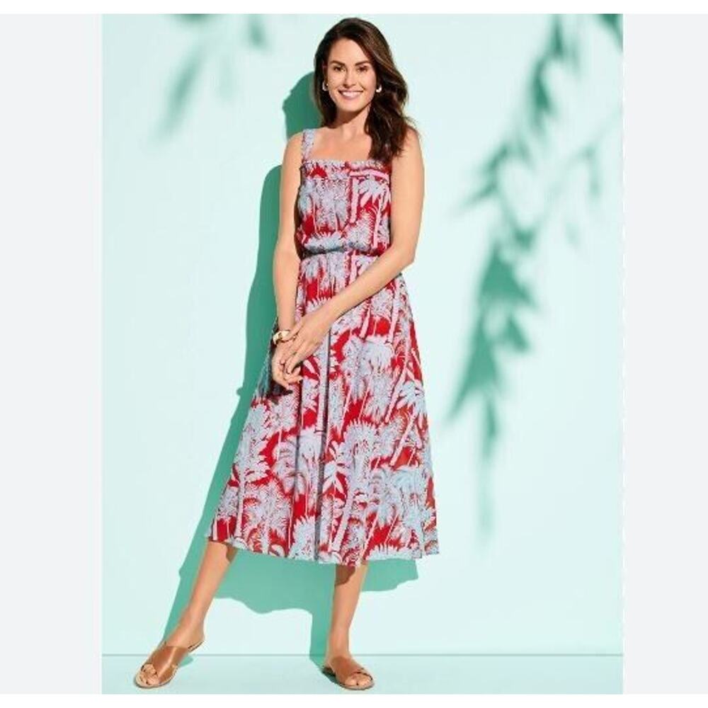 Talbots Size 2 Orange Blue Oasis Palm Voile Print Fit Flare Vacation Dress NEW - Picture 2 of 7